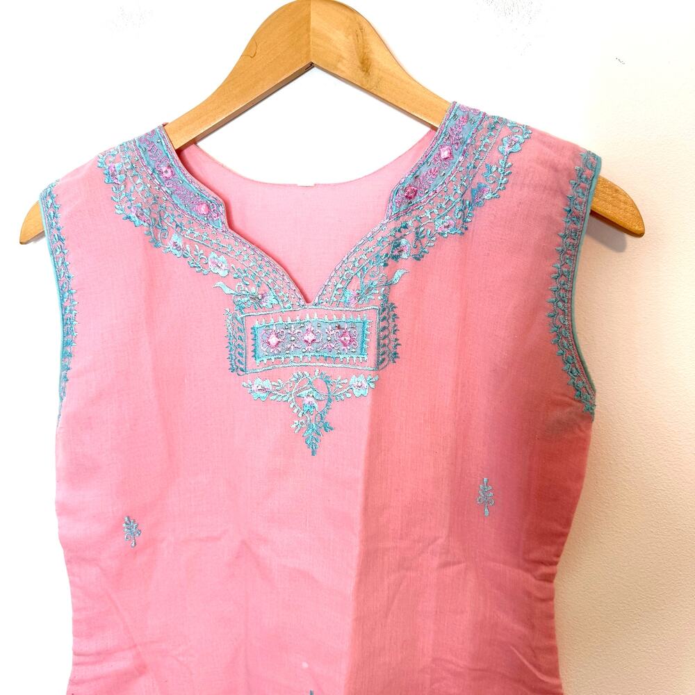 Indian Embroidered Sleeveless Kurta Dress In Pink Blue Size Medium - Picture 3 of 14